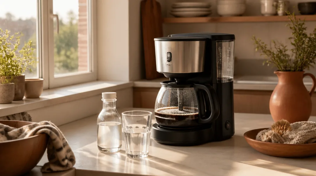 Kaffebryggare på köksbänk med ättika och ett glas vatten i morgonljus