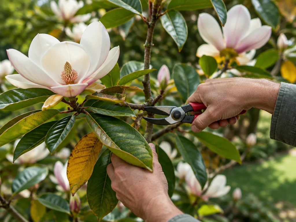 Händer med sekatör beskär en gren på en blommande magnolia i trädgården