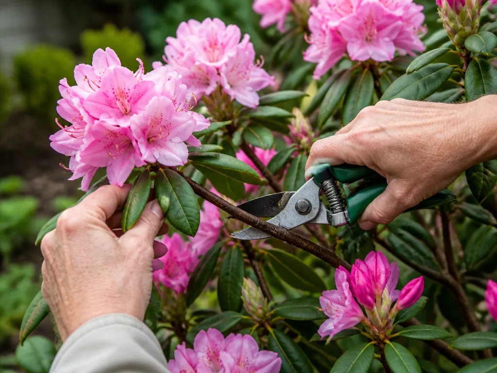 Händer som beskär en rhododendronbuske med sekatör bland rosa blommor på våren