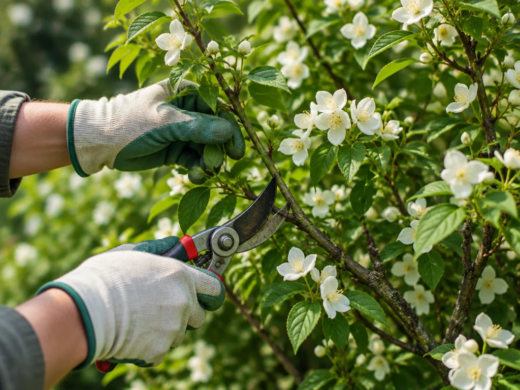 Händer med trädgårdshandskar som beskär en blommande schersmin med sekatör