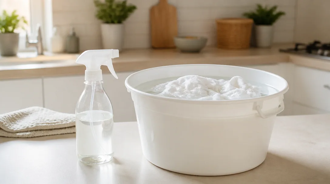 Sprayflaska med ättika och tvätt som blötläggs i en vit hink hemma i skandinaviskt kök