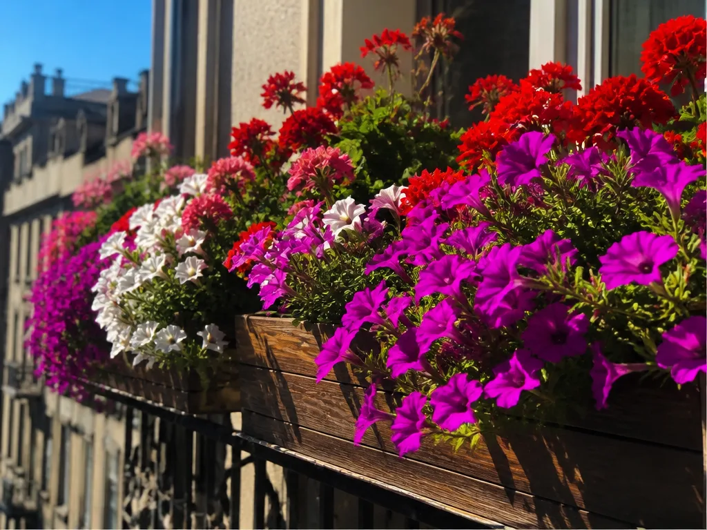 Färgglada blomlådor med petunior och pelargoner på en solig balkong med trä­räcke