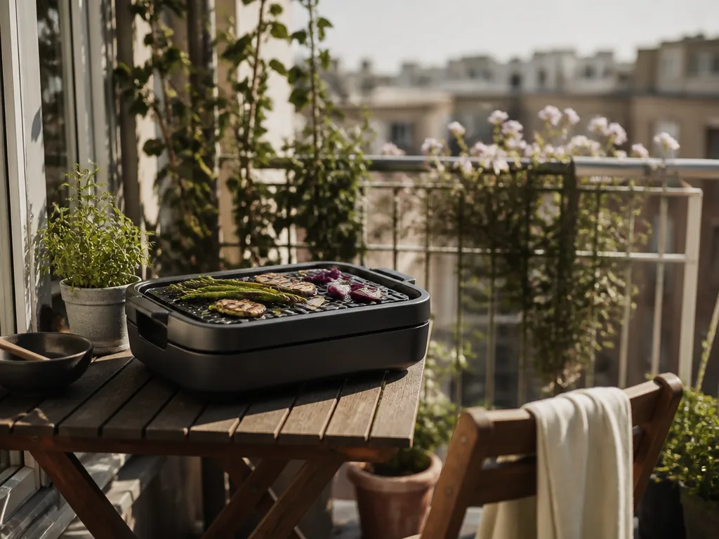 Kompakt elgrill på solig balkong med krukväxter och träfurnitur