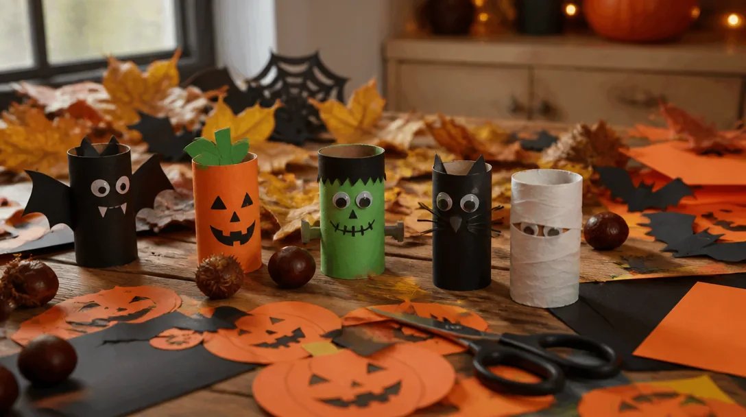Halloween pyssel av papper och toarullar på ett hembord – enkla och roliga barn-aktiviteter