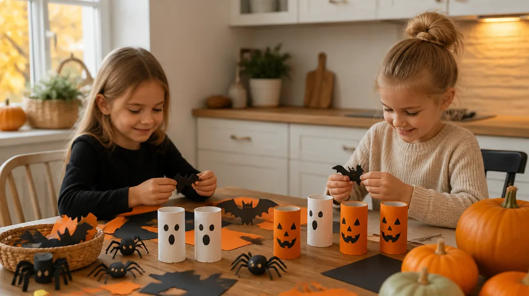 Enkla halloweenpyssel för barn med toarullar och orange papper på ett hemtrevligt bord