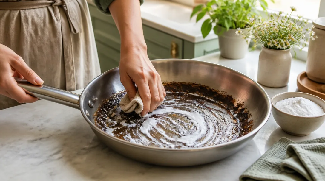 Rostfri stekpanna med bikarbonatpasta och mjuk trasa på köksbänk i naturligt ljus