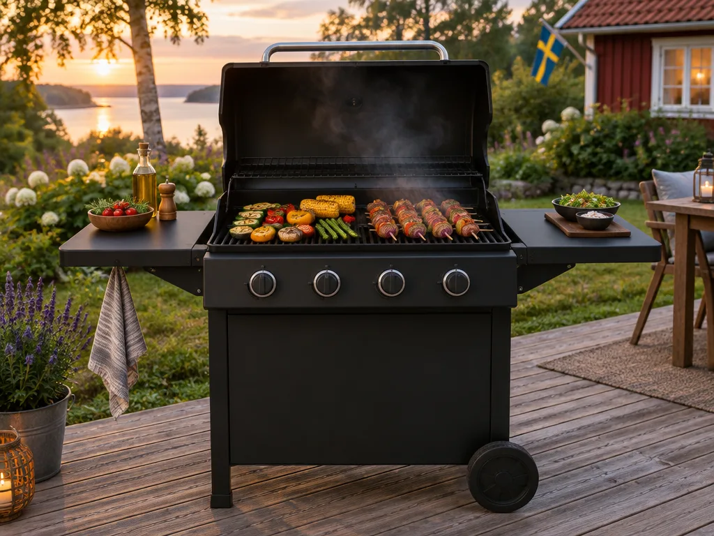 Gasolgrill med öppet lock och grönsaker på gallret på en uteplats