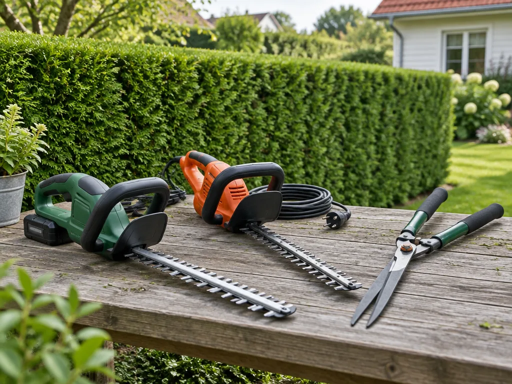 Tre häcksaxar, en batteridriven, en med sladd och en manuell, på ett trädgårdsbord av trä framför en klippt grön häck
