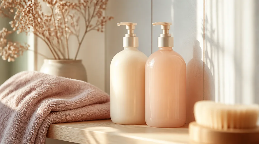 Närbild av schampo och balsam på hylla i skandinaviskt badrum med morgonljus