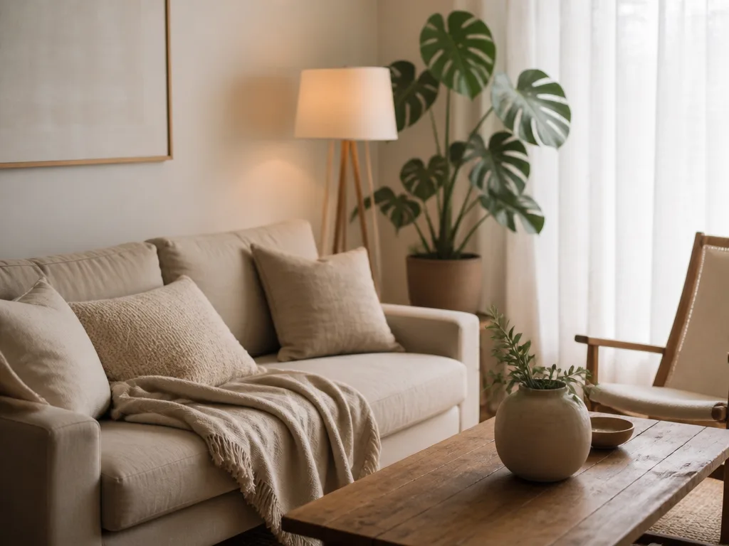 Mysigt skandinaviskt vardagsrum med beige linnesoffa, trä soffbord, golvlampa och monstera-krukväxt i naturligt dagsljus