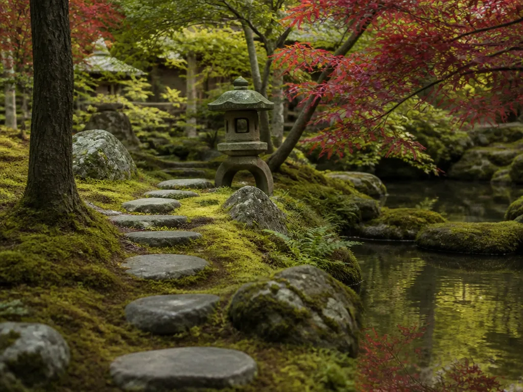 Japansk trädgård med mossbeklädda stenar, trampstenar och en liten damm omgiven av japansk lönn