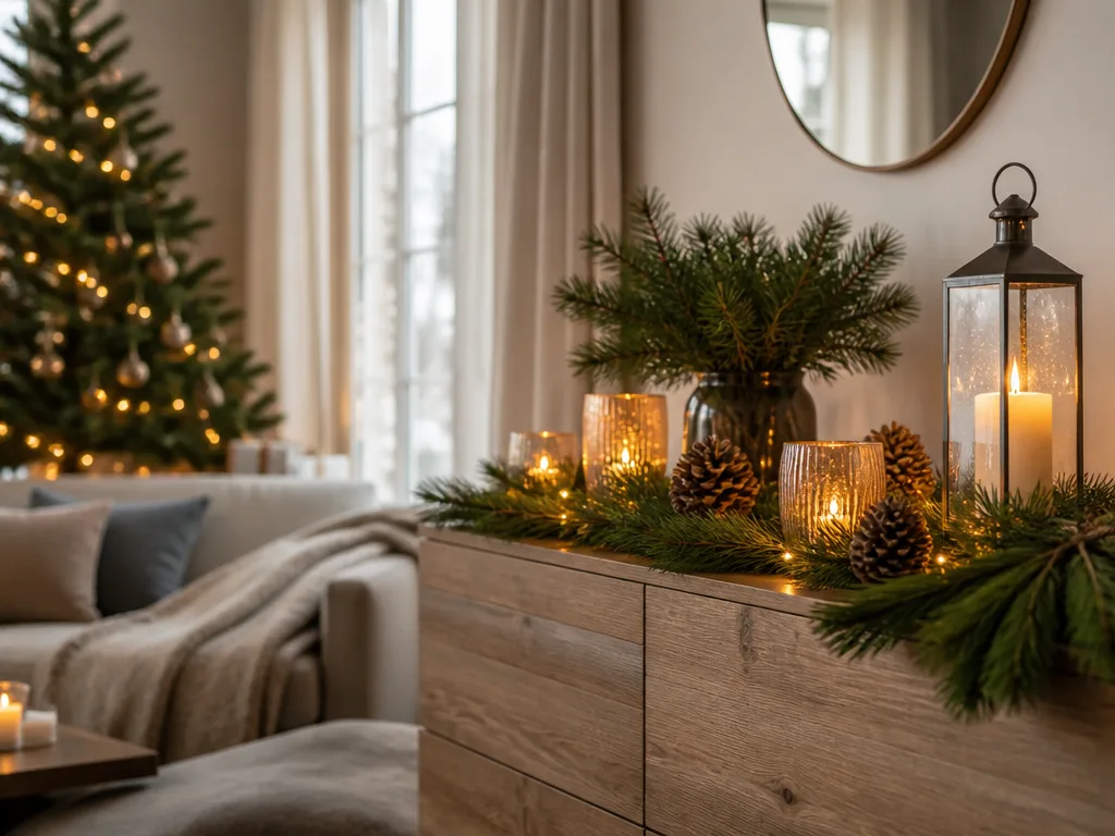 Mysigt skandinaviskt vardagsrum dekorerat för jul med grankvistar, lyktor, kottar och guldfärgade ljusslingor på en träkonsol