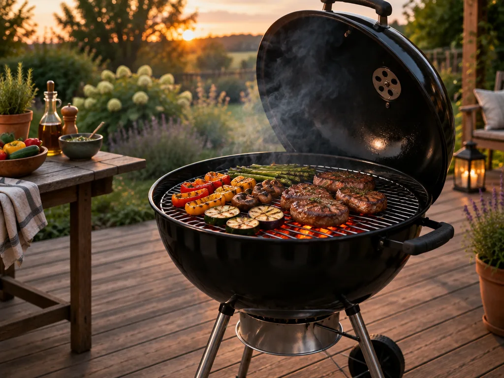Klotgrill med glödande kol och grillat kött på gallret på en uteplats