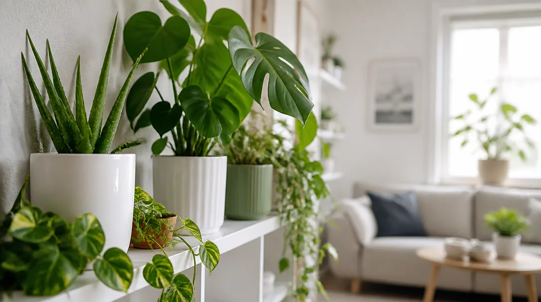Gröna krukväxter i ljust rum med naturligt dagsljus – aloe vera, monstera och gullranka på en vit hylla