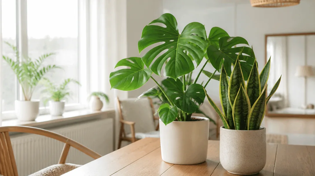 Lättskötta gröna krukväxter i ett ljust hem med naturligt dagsljus – monstera och svärmors tunga i keramikkrukor