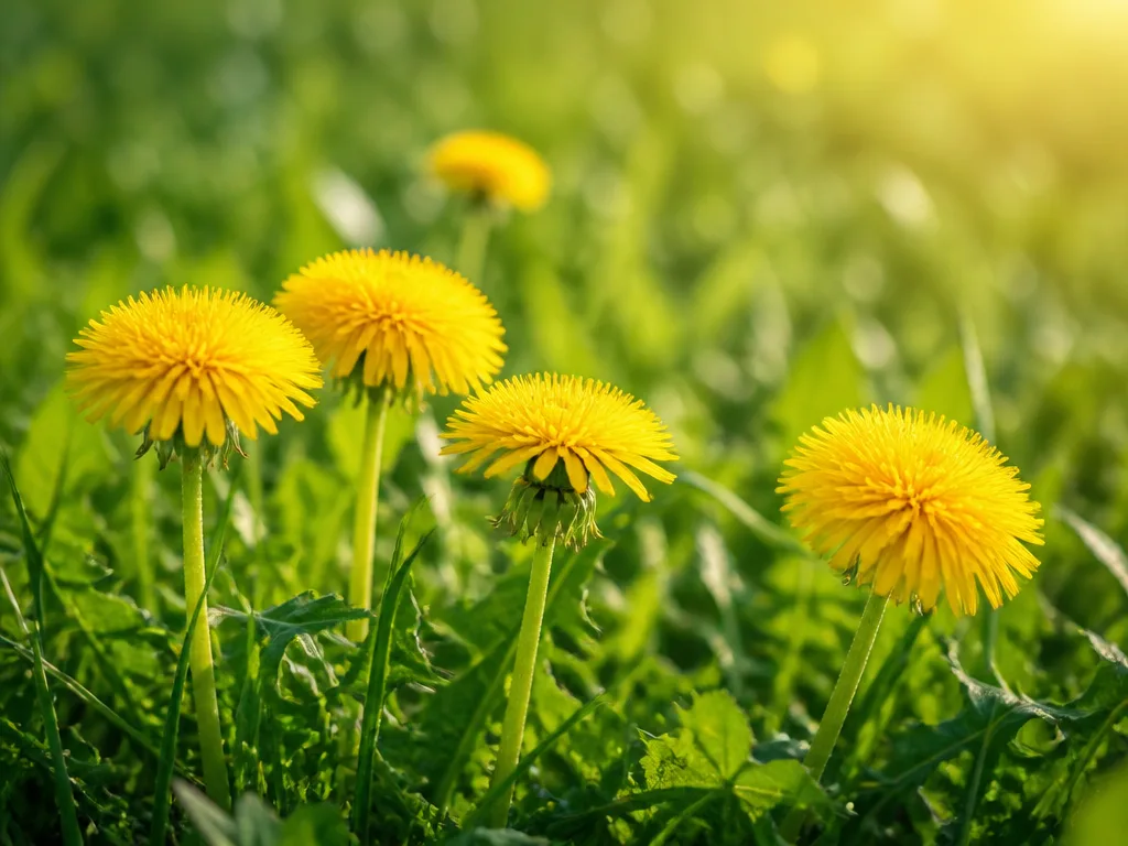 Gula maskrosblommor i närbild bland grönt gräs i morgonljus