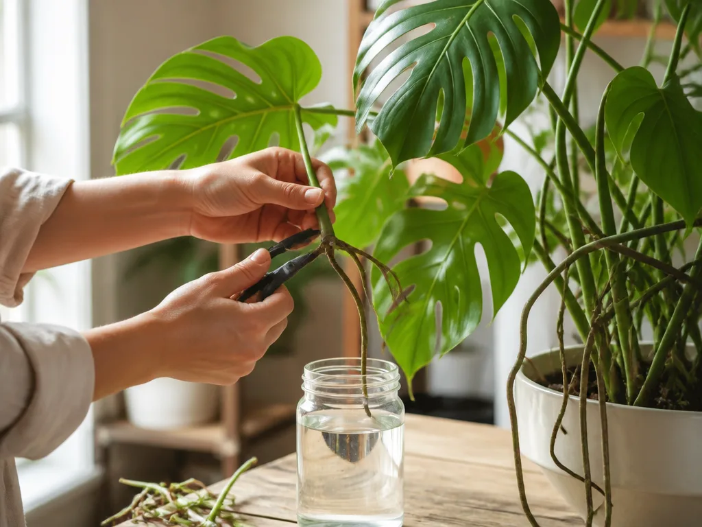 Händer som klipper en stickling med luftrot från en monstera, med en glasburk vatten redo för rotning