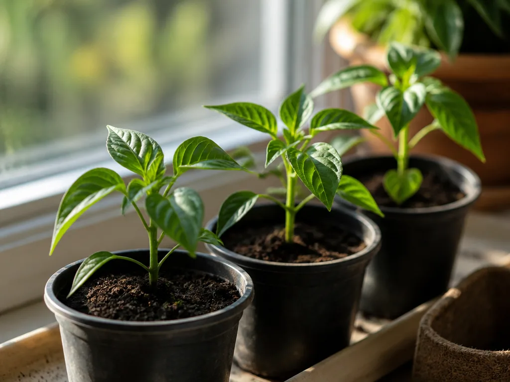Små chiliplantor i krukor på en solig fönsterbräda