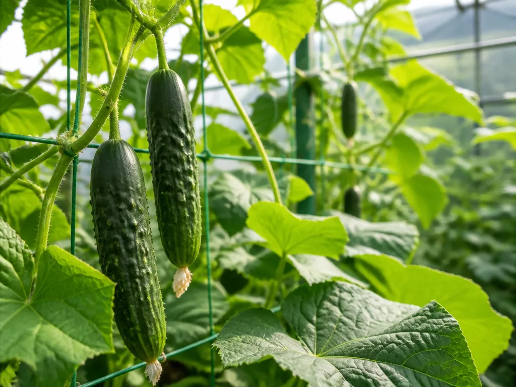 Gröna gurkor som växer på uppbundna plantor i ett soligt växthus