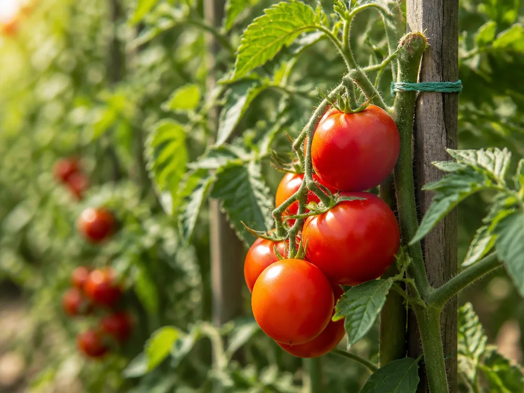 Mogna röda tomater på en uppbunden tomatplanta i en solig trädgård