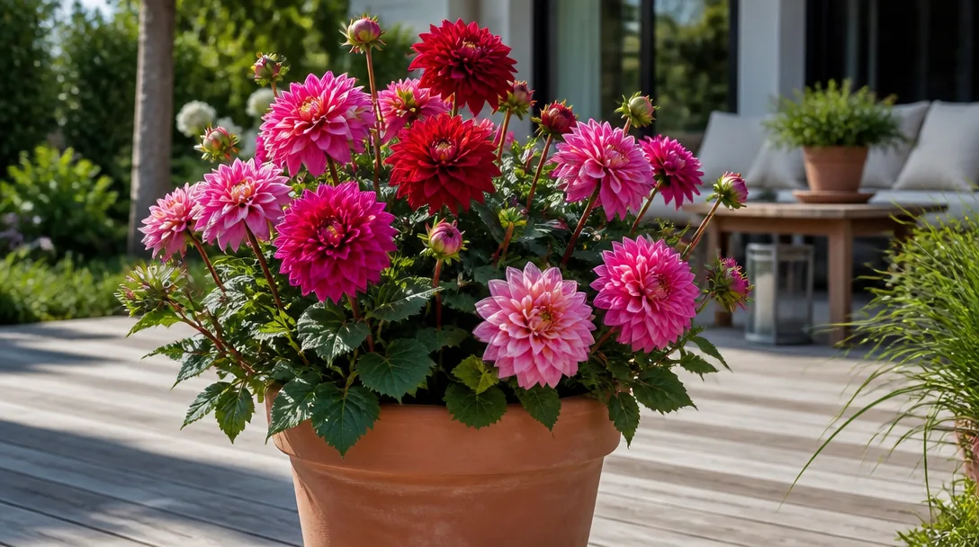 Dahlia i blomning i en stor terrakottakruka på en solig uteplats, rika röda och rosa blommor mot grönt bladverk