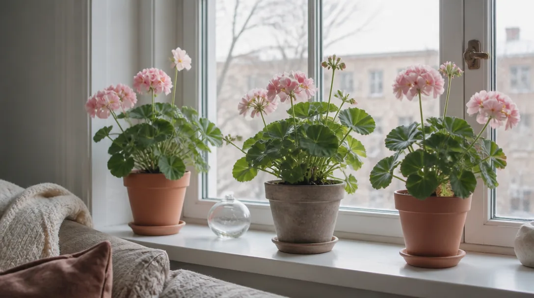 Pelargoner i krukor på fönsterbräda med vinterdagsljus, ljust och hemtrevligt
