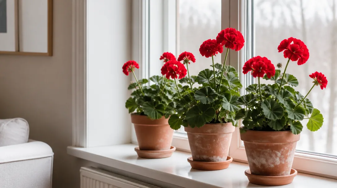 Pelargoner i terrakottakrukor på en ljus fönsterbräda med vinterdagsljus, gröna blad och röda blommor