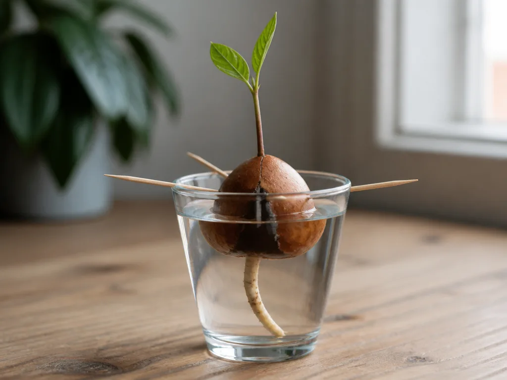 Avokadokärna med tandpetare svävande över ett glas vatten med synlig grodd och rötter
