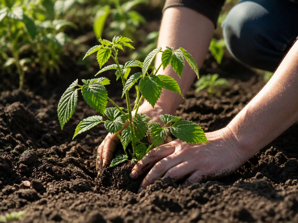 Händer som planterar en hallonplanta i mörk jord i en solig trädgårdsrabatt