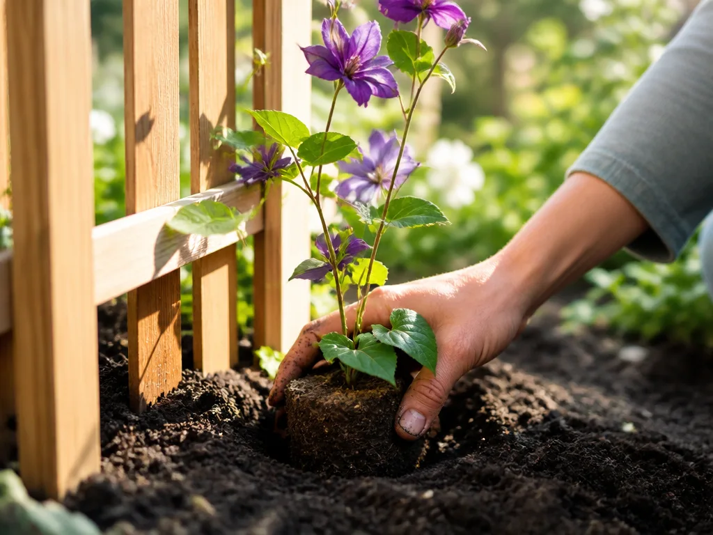 Händer som planterar en klematisplanta med lila blommor vid en spaljé i solig trädgårdsjord