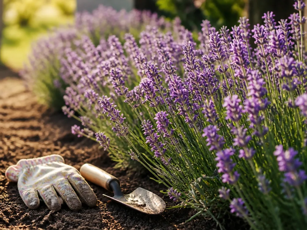 Rader med blommande lila lavendel i en solig trädgårdsrabatt