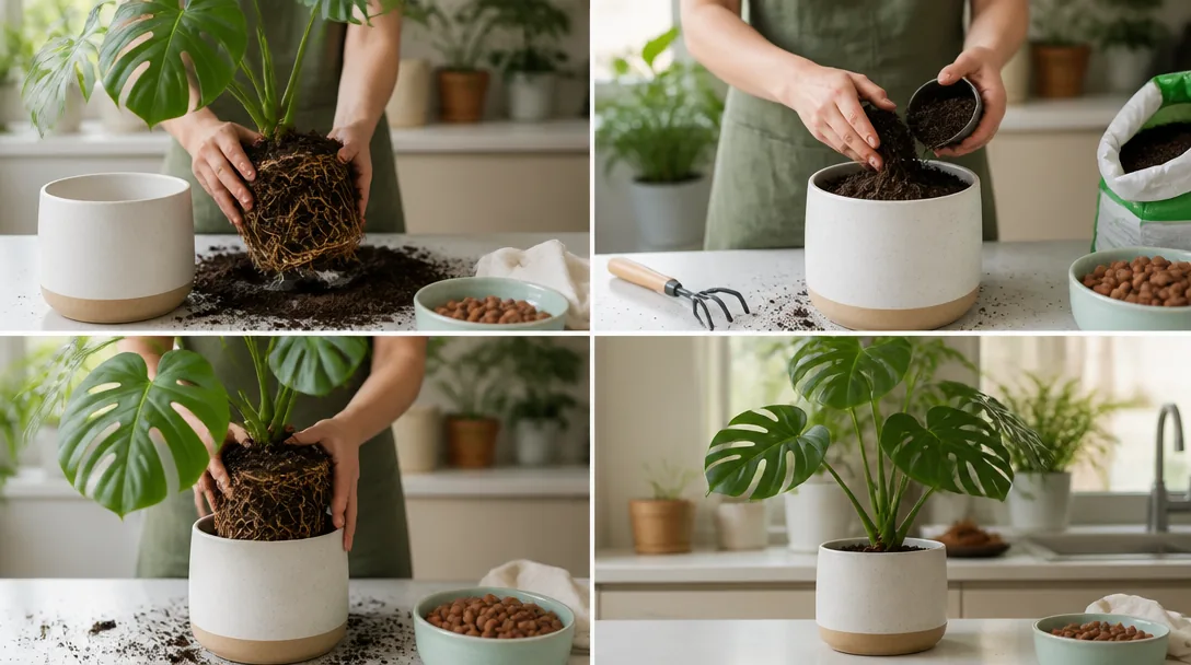 Omplantering av monstera med ny jord och lecakulor på träbord i ljust hem