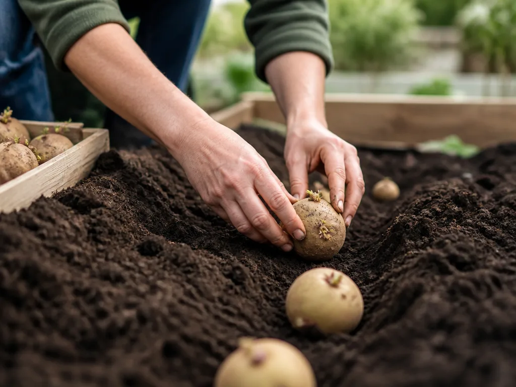 Händer som planterar sättpotatis i mörk, näringsrik jord i ett upphöjt trädgårdsland på våren