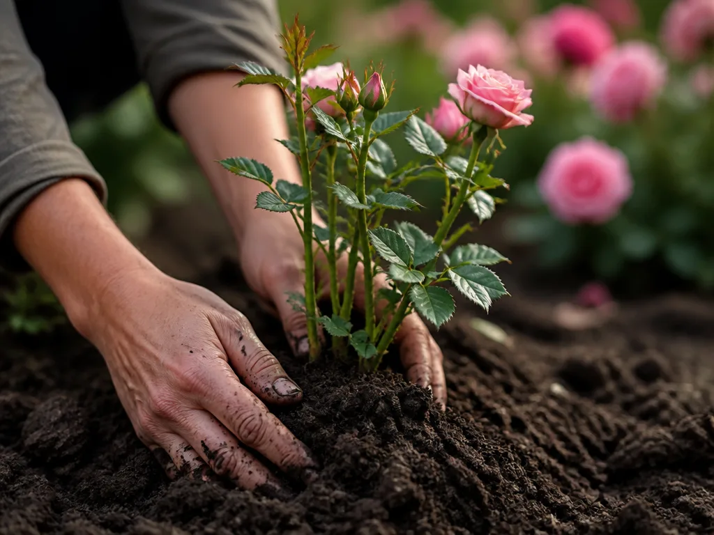 Händer som planterar en rosbuske i mörk, näringsrik trädgårdsjord med rosa rosor i bakgrunden