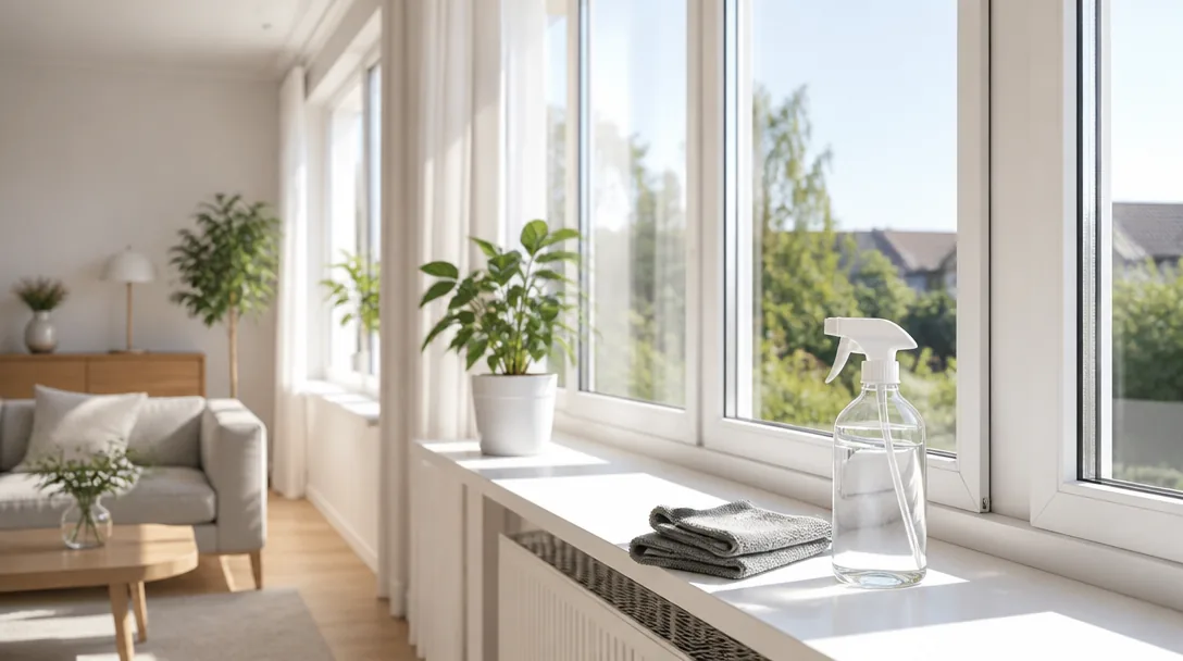 Skinande rena fönster med klart dagsljus i ljust skandinaviskt hem