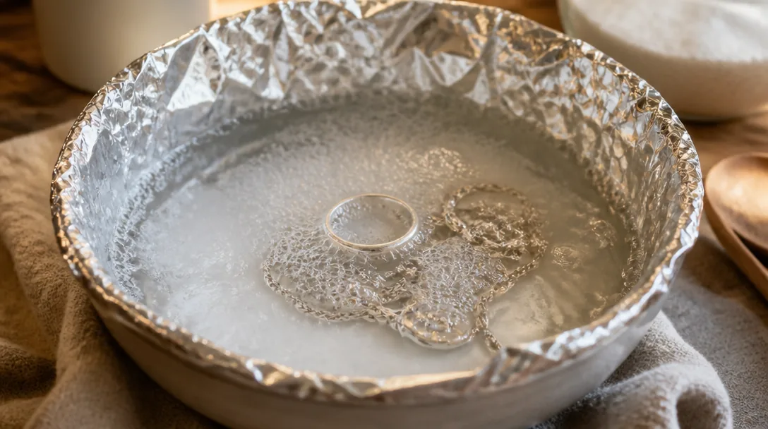 Silversmycken och silverbestick i bikarbonat-bad med aluminiumfolie