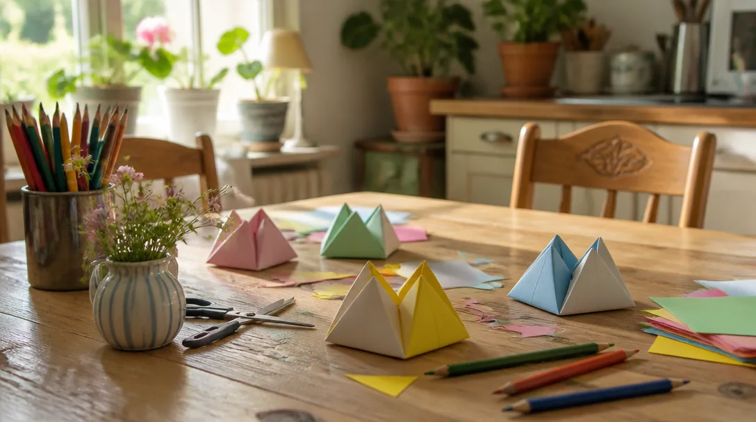 Barn 7-10 år pysslar med papper och toarullar vid ett ljust köksbord en regnig dag