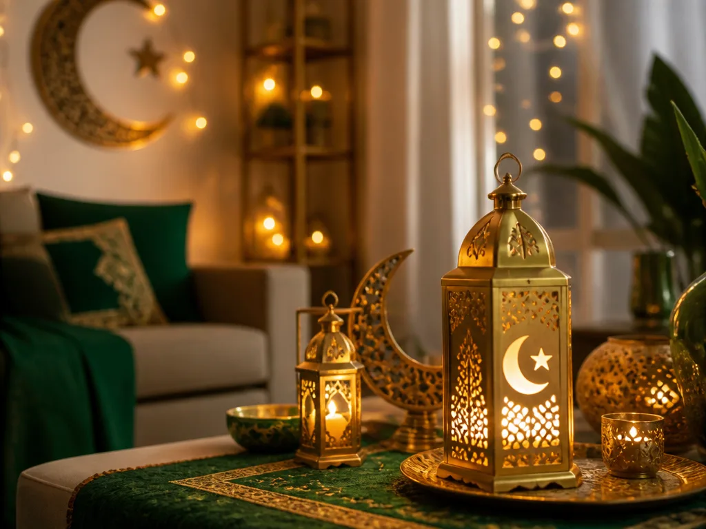 Mysig vardagsrum dekorerad för ramadan med gyllene lyktor, halvmåne och ljusslingor i guld och grönt