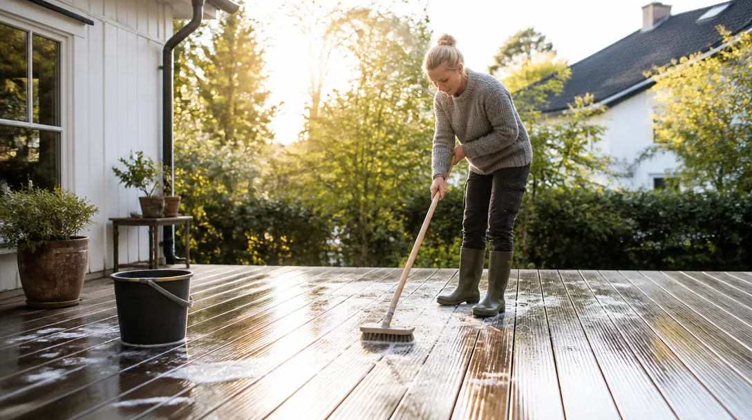 Trall som borstas med altanborste och såplösning i morgonljus, vattenslang i bakgrunden