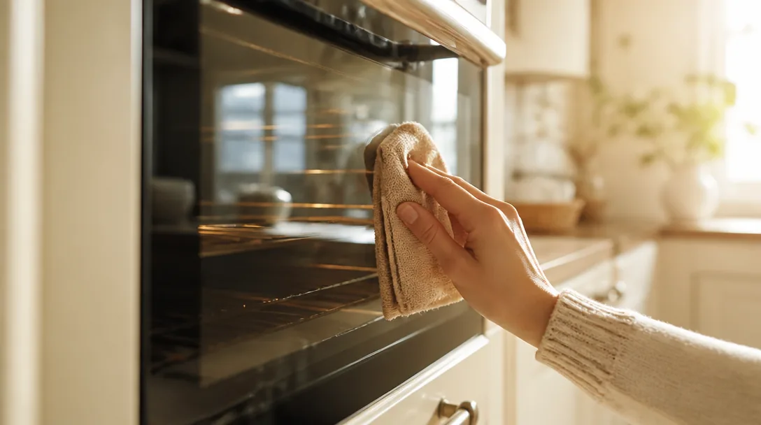 Ren ugnslucka med klart glas, hand torkar bort sista smutsen med trasa