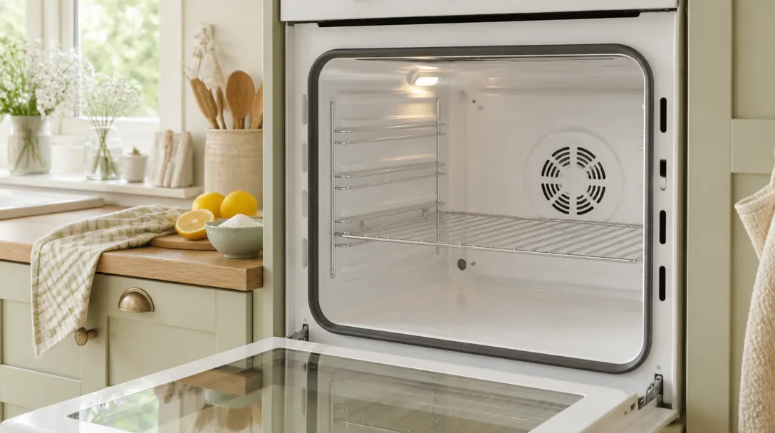 Ren ugnsinsida med bikarbonatpasta och citron på bänken bredvid