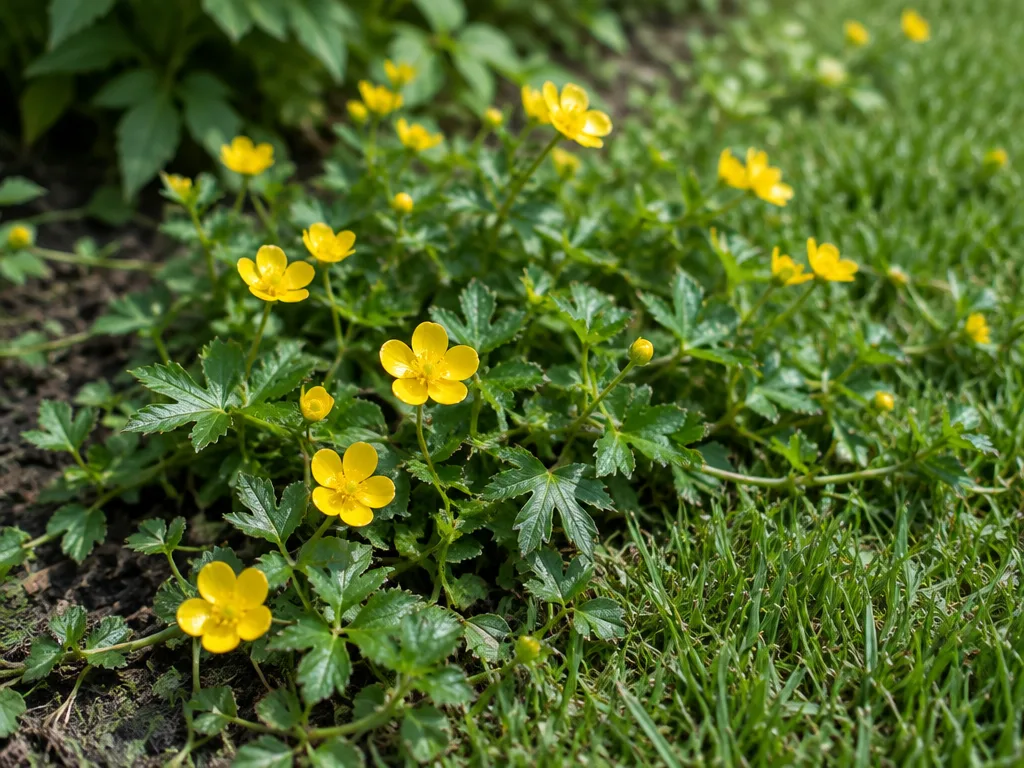 Revsmörblomma med glänsande gula blommor och mörkgröna flikiga blad som kryper med utlöpare över en gräsmattekant