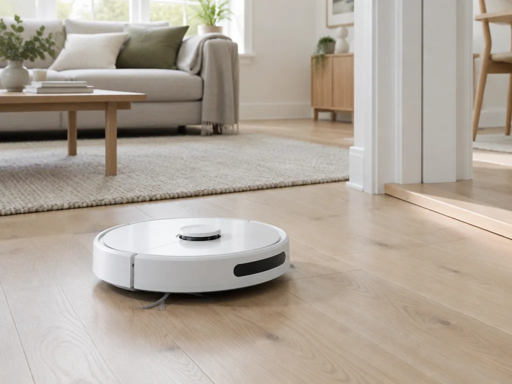 Vit robotdammsugare på ett parkettgolv i ett ljust vardagsrum