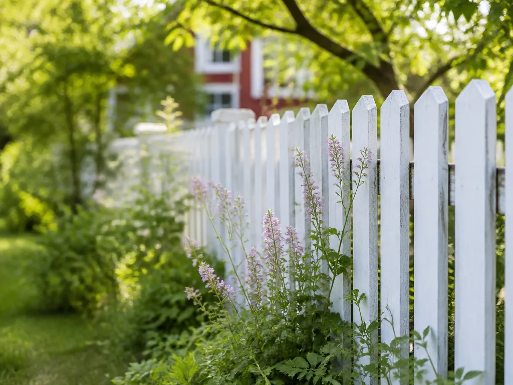 Vitmålat trästaket med spjälor framför en grön sommarträdgård i Sverige