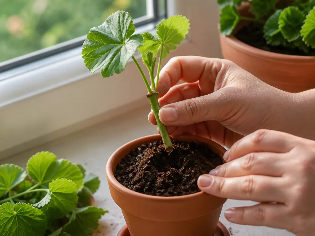 Händer som sätter en pelargonstickling i en liten kruka med fuktig jord vid ett ljust fönster