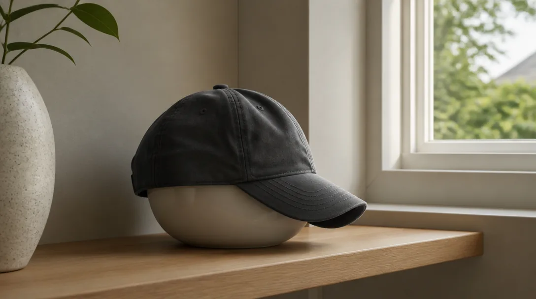 Keps som torkar formad över en vit skål på ett trähylla, med naturligt ljus från fönstret