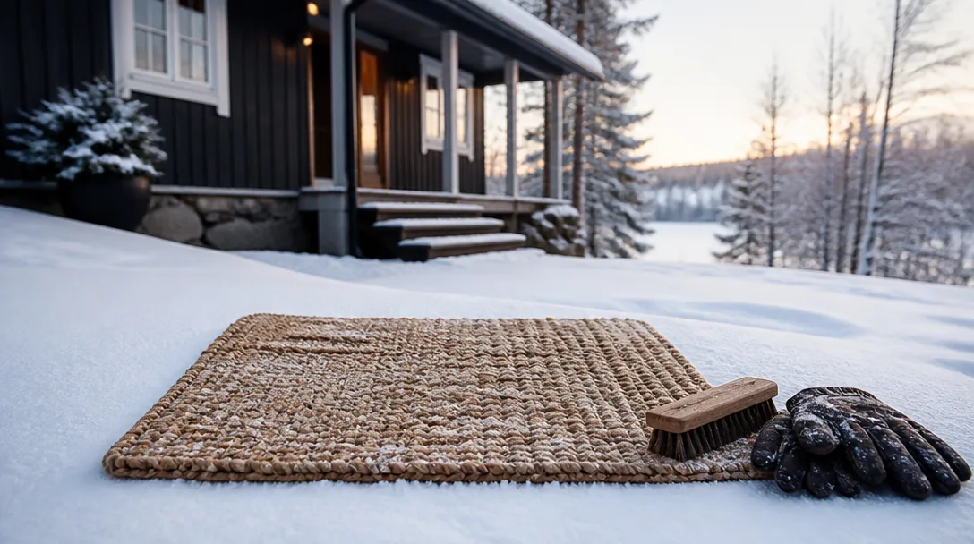 Matta liggandes i snön omgiven av borste och mjuk kvast under snötvätt utomhus
