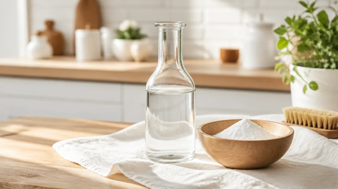 Glasflaska med ättika och skål med bikarbonat på vit linneduk i ljust skandinaviskt kök