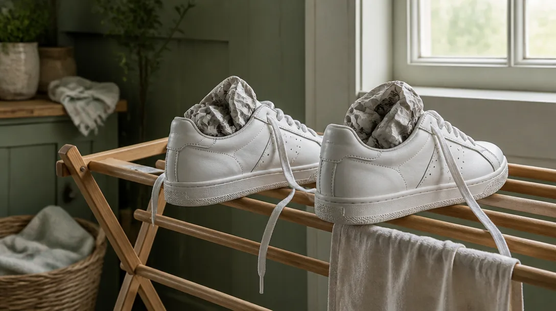 Vita sneakers lufttorkar på träställning vid fönster med tidningspapper inuti