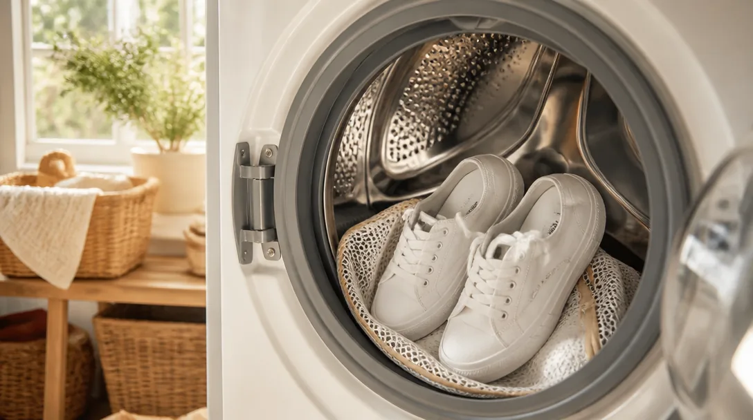 Vita canvas-sneakers i tvättmaskinstrumma med tvättpåse bredvid